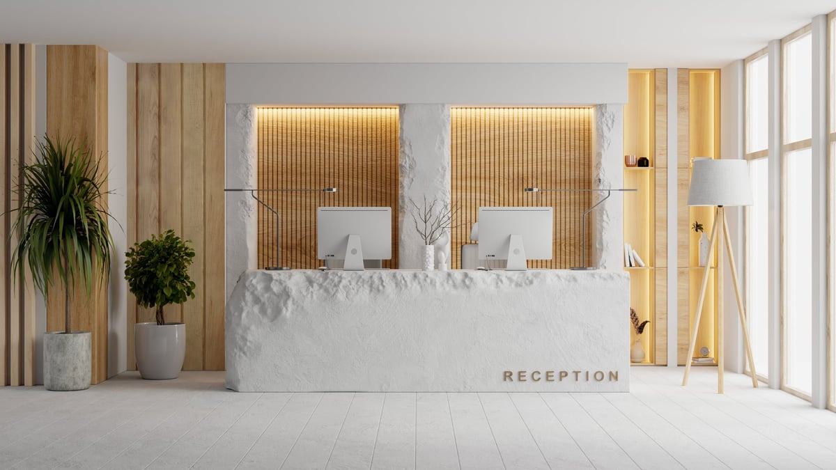 Modern hotel reception interior with polished stone counter