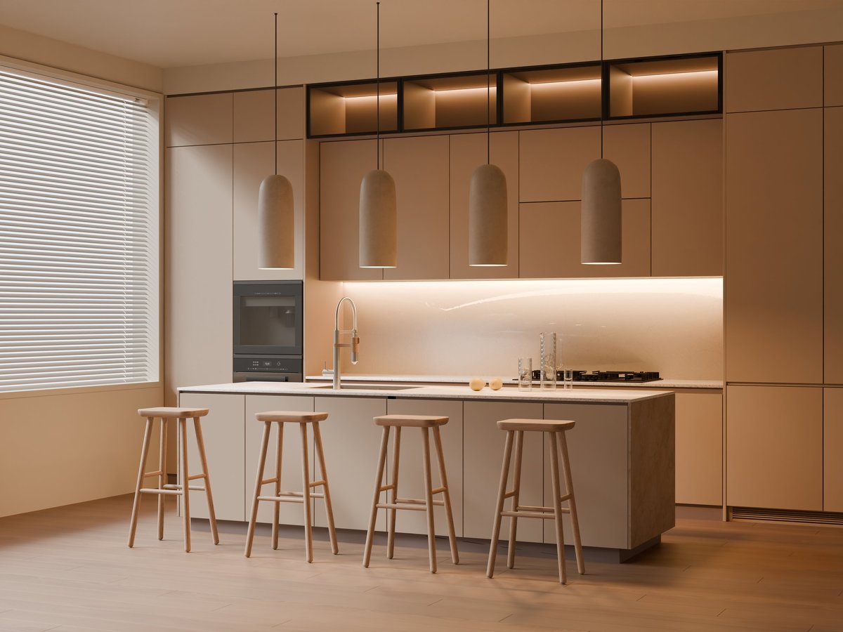 Modern kitchen with a large marble island countertop