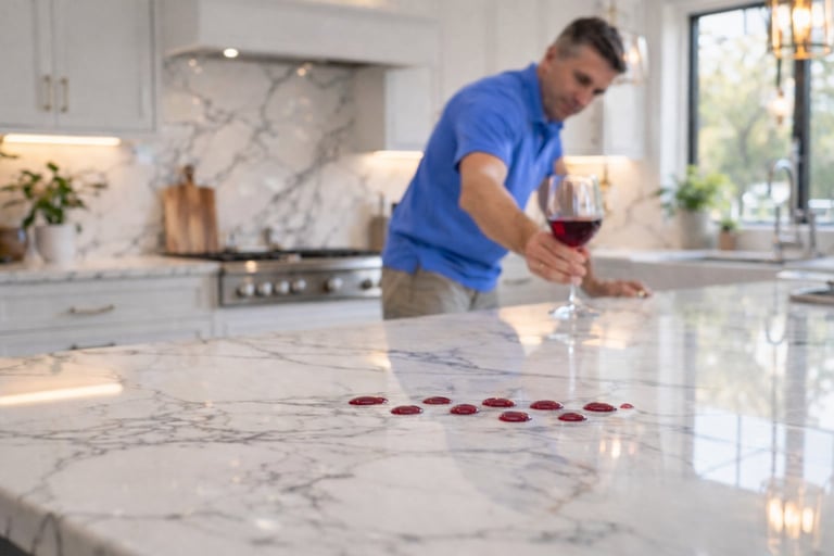 Man in blue shirt pouring red wine on marble kitchen counter — polished and protected marble countertop NYC
